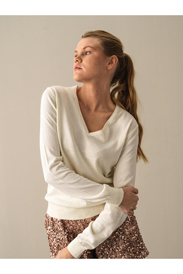 Kadın Ekru Regular Fit Basic Kazak - 1