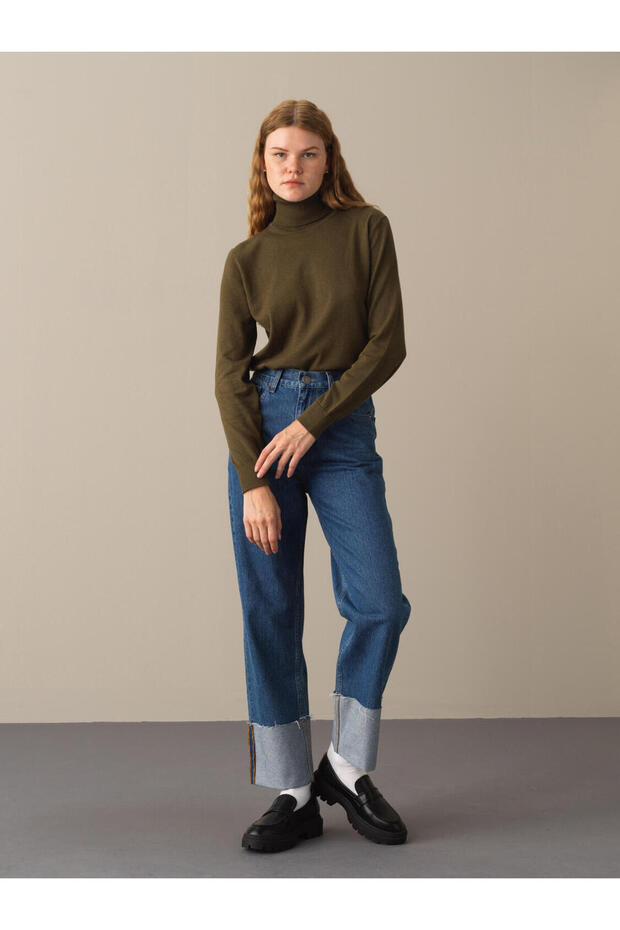 Kadın Haki Regular Fit Basic Kazak - 4