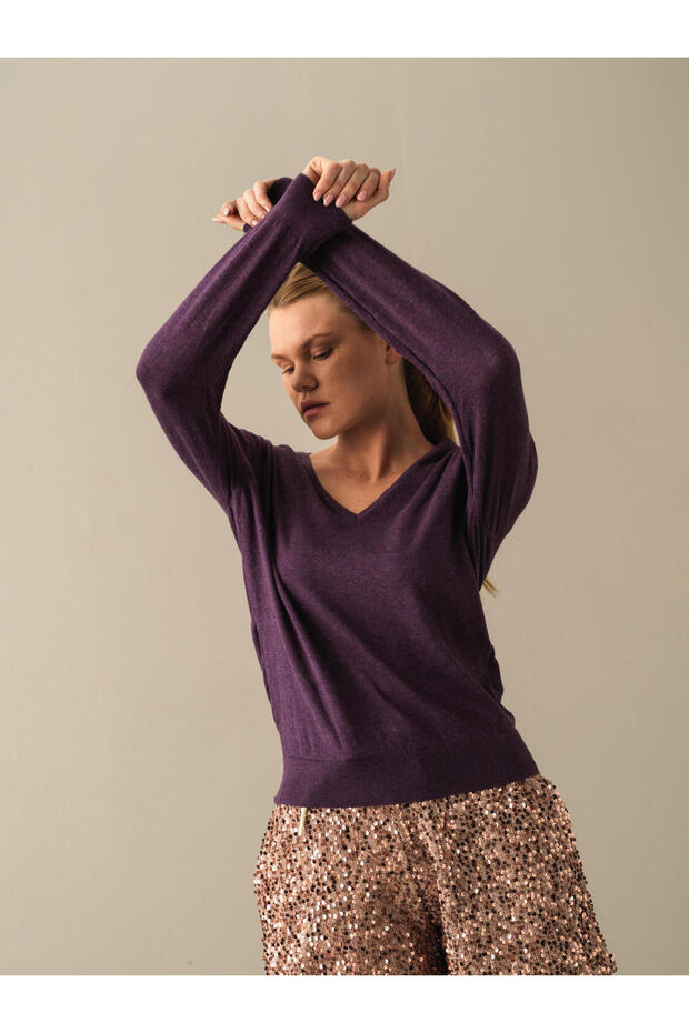 Kadın Mor Regular Fit Basic Kazak - 3