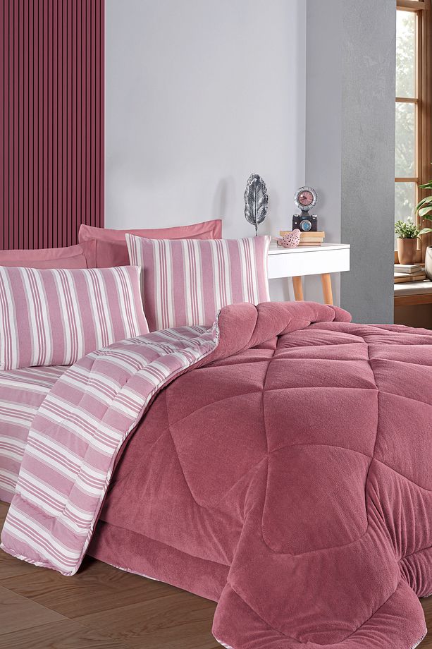 Tek Kişilik Uyku Seti Wellsoft Yorganlı Pofuduk 3 Parça Soft Line Bordo - 4