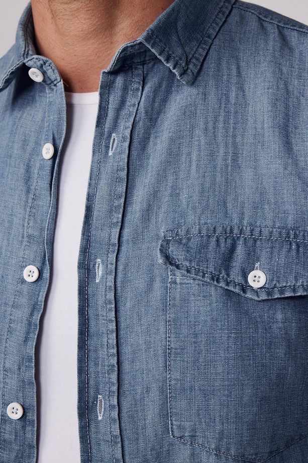 Slim Fit Uzun Kollu Dar Kesim Tek Cep Kapaklı Pamuklu Mavi Denim Kot Gömlek - 4