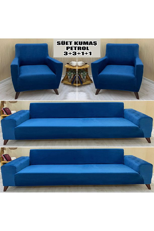 Süet Detaylı Angora Kumaş 2 Adet Üçlü & Çekyat- 2 Adet Tekli Set Koltuk Kılıfı - 1