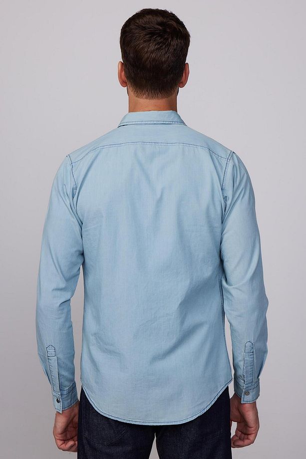 Slim Fit Uzun Kollu Çıt Çıtlı Tek Cep Kapaklı Denim Kot Mavi Erkek Gömlek - 5