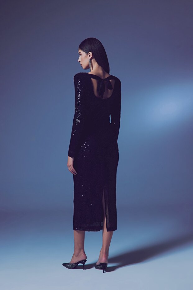 SIRT DEKOLTELİ PAYET ELBİSE - 3