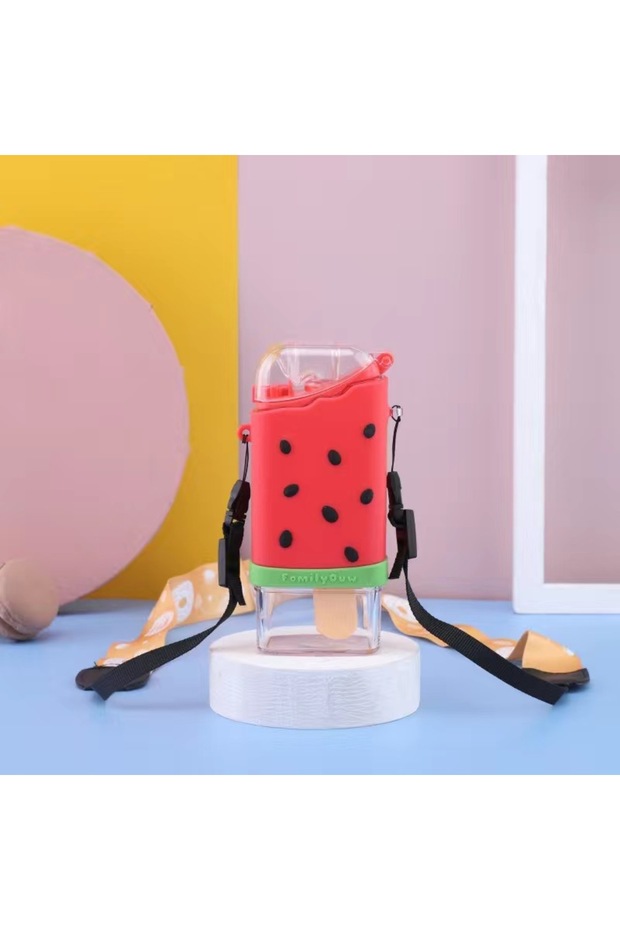 Water Bottle with Watermelon Ice Cream Hanger and Straw, Red, 18X6-