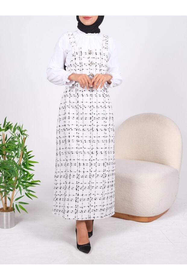 Ecru Salopet with Button Detail on the Front and Belt Corsage - 3