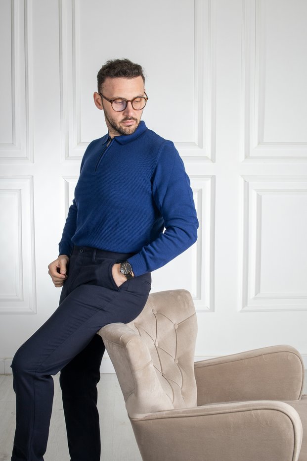 Interview Wraps Zippered Polo Collar 100% Cotton Dark Blue Knitwear Sweater