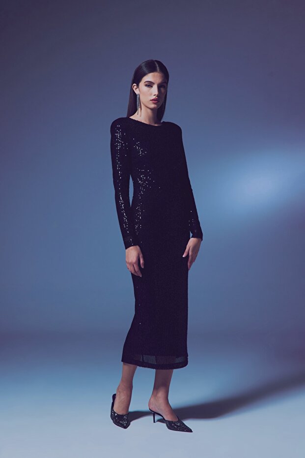 SIRT DEKOLTELİ PAYET ELBİSE - 2