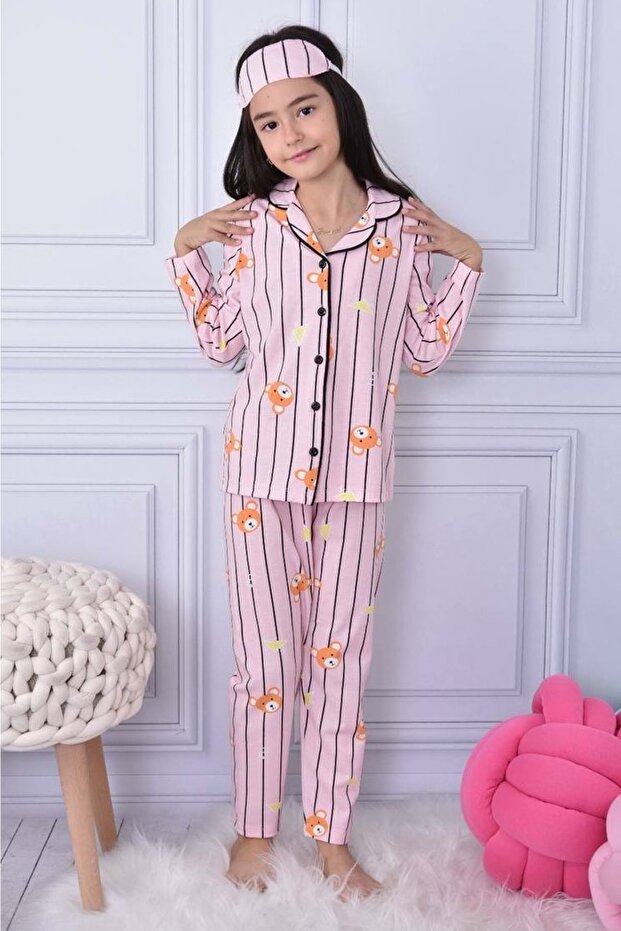 Girl's Printed Combed Cotton, Sleeping Mask Pajama Set M00668 Dried Rose