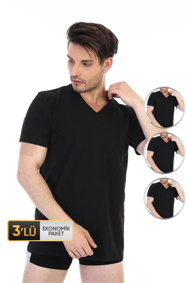 Men's supreme v-neck black t-shirt 945 3-piece economic package