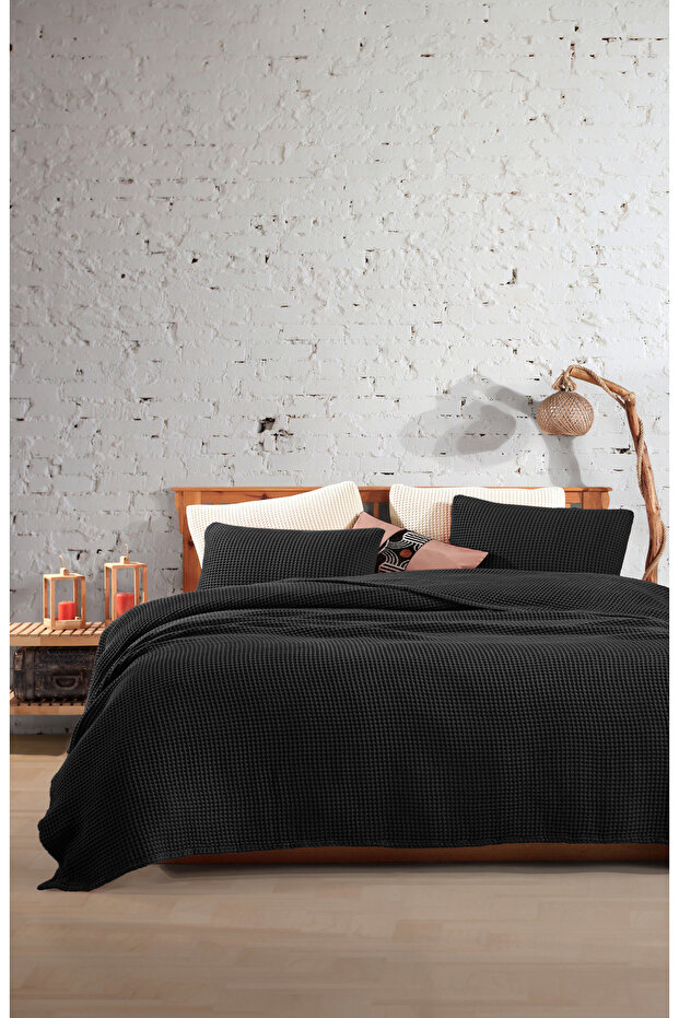Black 100% Cotton Waffle Double Bedspread Without Fringe 230X250/2 Pillowcases 50X70Cm