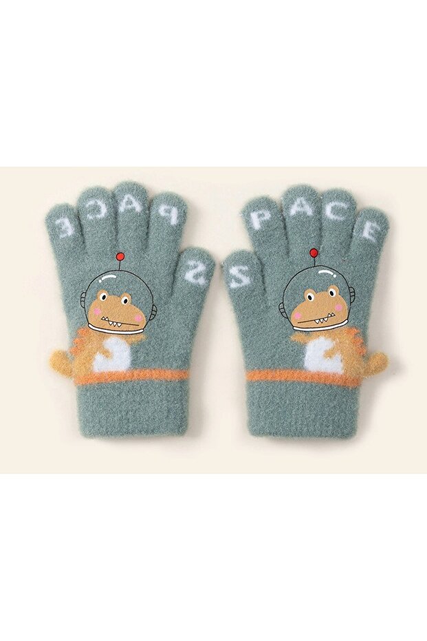 Green Knitted Dino Warm Gloves - Space Alien, 3-6 Years