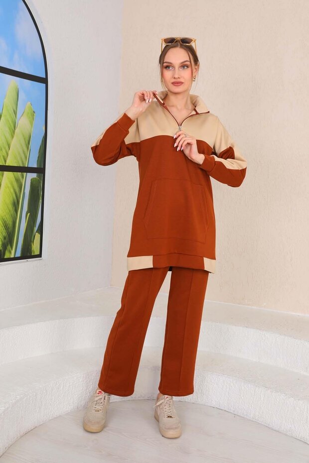 Women's Tan Color Patterned Hijab Clothing Sports Double Daily Suit