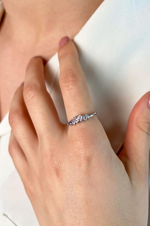 خاتم حجر ملون - فضي - 1