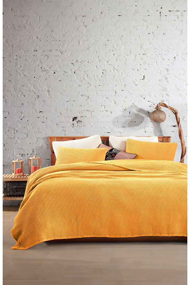 100% Cotton Waffle Double Fringeless Bedspread 230X250/2 Pcs Pillowcases 50X70Cm