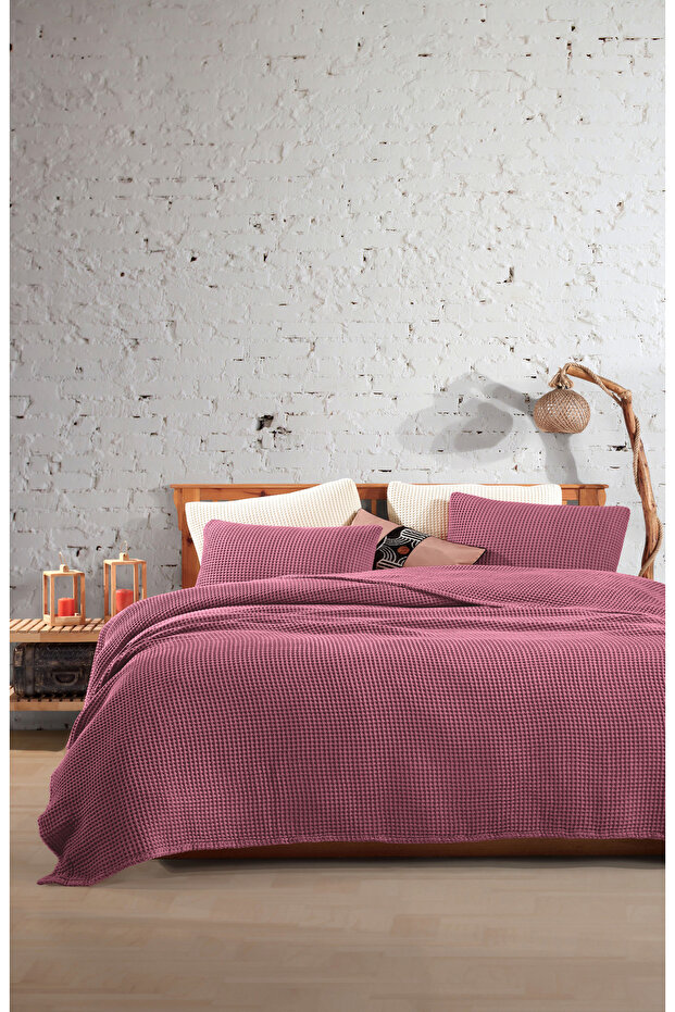 100% Cotton Waffle Double Fringeless Bedspread 230X250/2 Pcs Pillowcases 50X70Cm