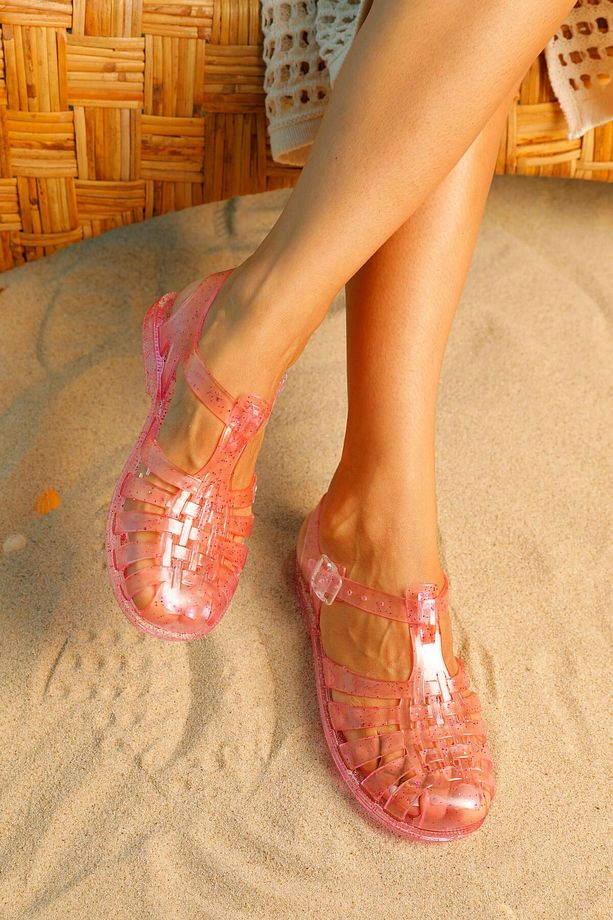 Kadın Parlak Şeffaf Pembe Simli Jelly Sandalet BYNDJLLY01 - 4