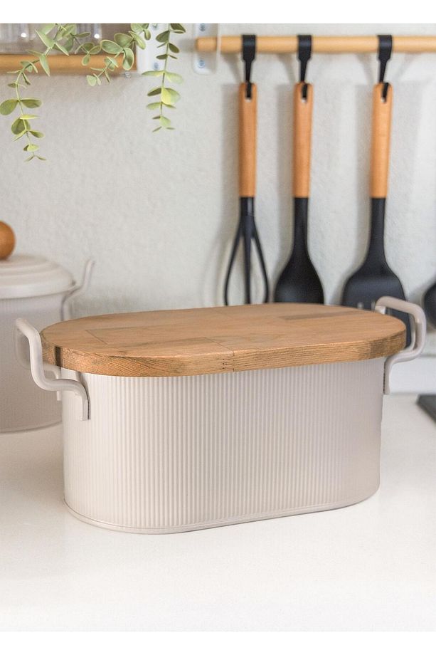 Stripe Ahşap Kapaklı Ekmek Saklama Kutusu Bej 40x22x18 Cm - 2