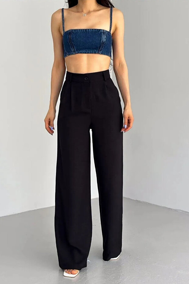 Melage Linen Wide Leg Trousers-Black
