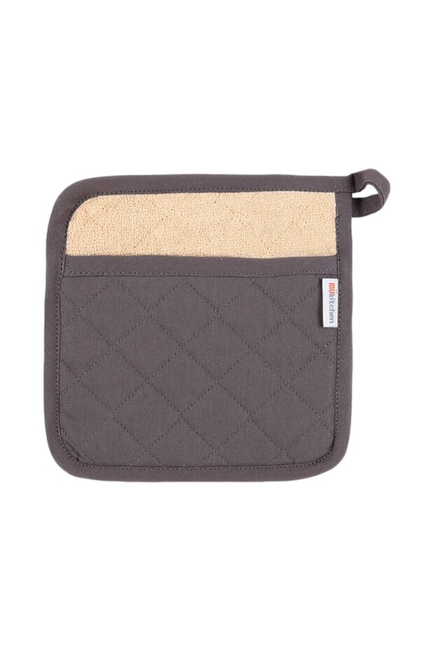 MUpotholder 100% Quilted Cotton Potholder, Stainless grey, 9 x 9 in (23 x 23 cm), thick prewashed cotton protects hands from hot cookware, doubles as a trivet, hanging loop, machine washable