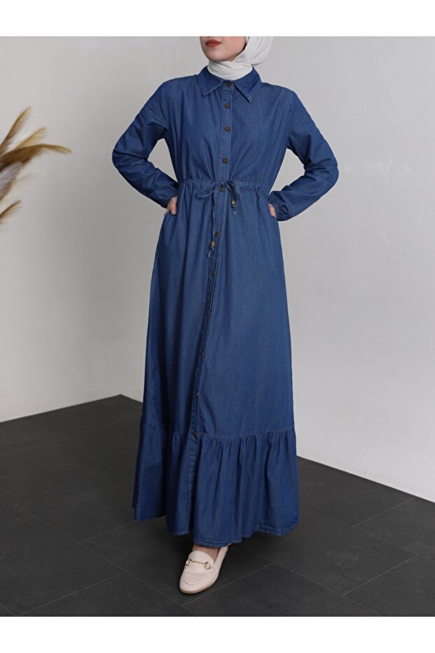 Çift Cepli Boydan Düğmeli Kot Elbise - 1