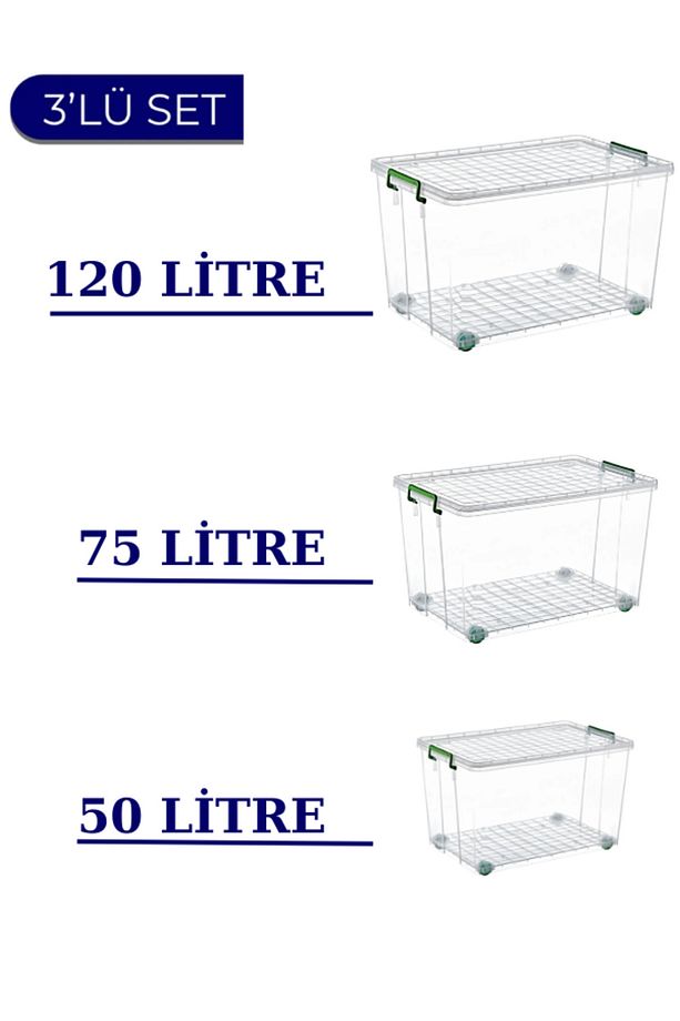 Tekerlekli Saklama Kutusu 3'lü Set 120 Lt - 75 Lt - 50 Lt Ayakkabı/mutfak/banyo Düzenleme - 1