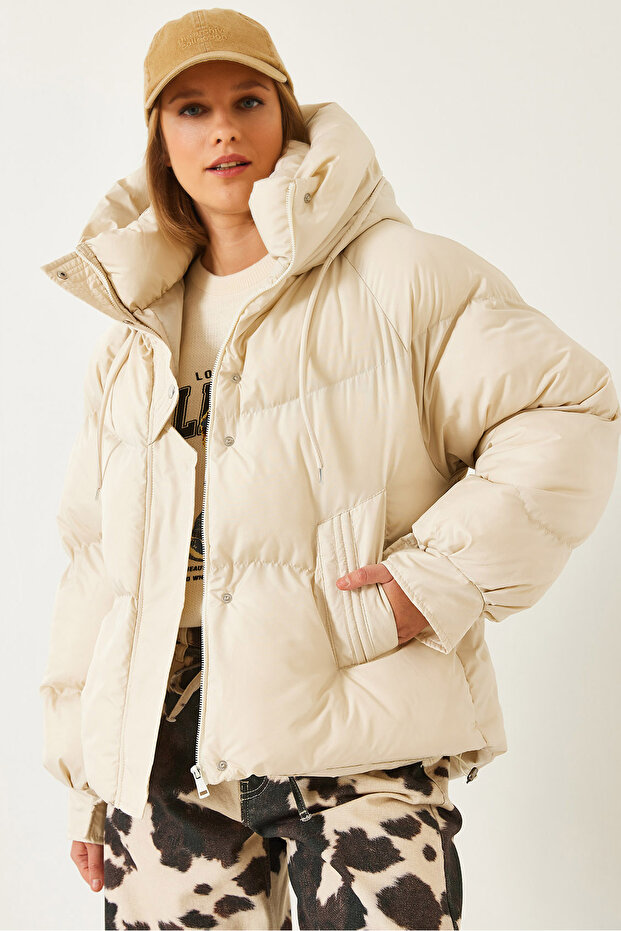 Women's Cream Hooded Inflatable Coat 2422 60451012