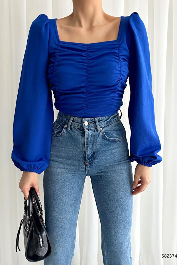 Navy Blue Front Drape Detail Crepe Fabric Long Sleeve Blouse