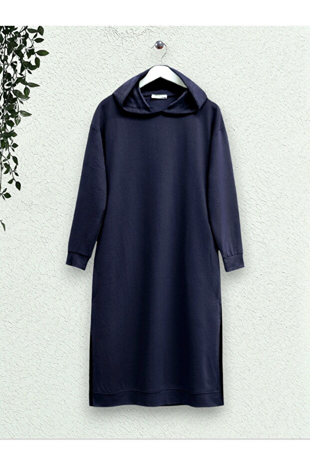 Long Combed Cotton Tunic - Hooded, Slit and Double Pockets - Navy