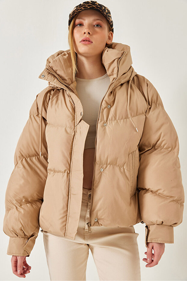 Women's Beige Hooded Inflatable Coat 2422 60451012