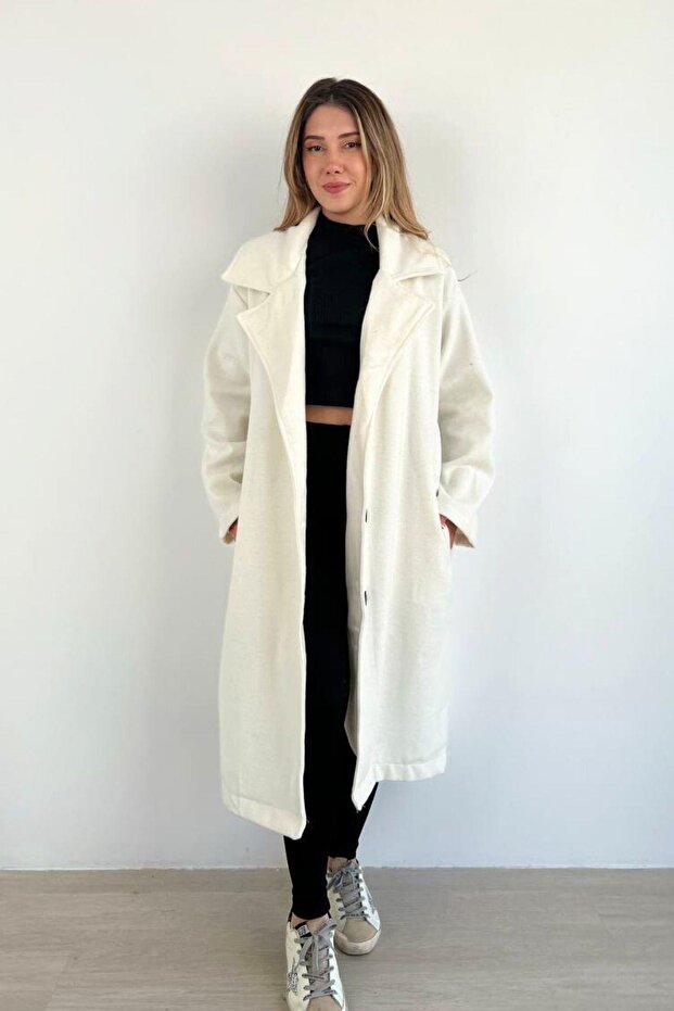 Basic Düğmeli Cepli Uzun Kaşe Kaban Ekru - 1