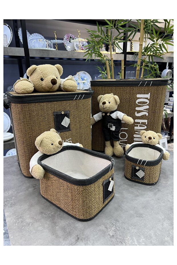 4 Parça Hasır Örme Ayıcıklı Dikdörtgen Sepet Takımı - 1