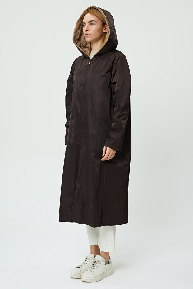 Long Trench Coat Raincoat with Fur Inside