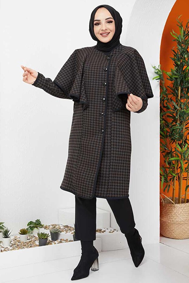 Hijab Houndstooth Pattern Capped Cap Brown - 7