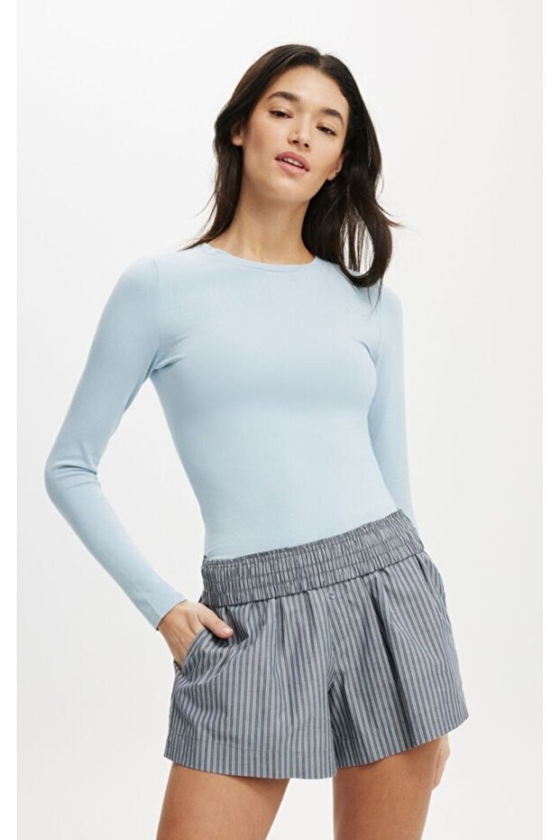 Women's Light Blue Long Sleeve T-Shirt & Blouse, Ribbed Camisole Fabric