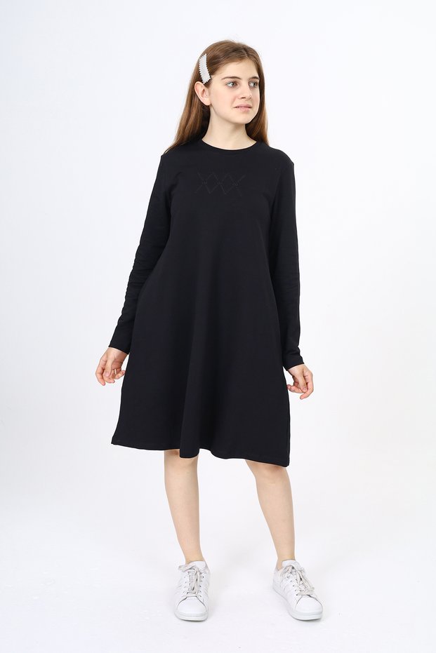 Girl's Crew Neck Two-In-One Embroidered Dress with Hidden Pocket