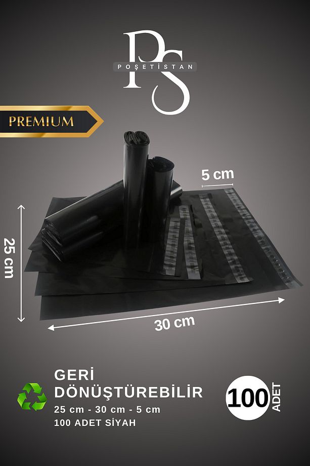 Premium Siyah 100 Adet 25x30x5 Cm Kargo Poşeti (120 MİKRON) - 1