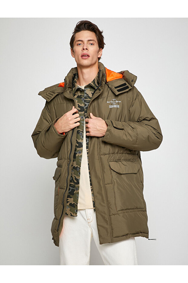 Hooded Inflatable Coat Anorak Pocket Detailed Zippered Slogan Printed Waterproof