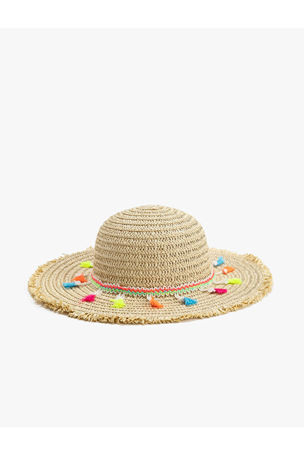 Straw Hat with Pompom Detail