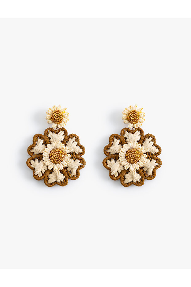 Large Size Flower Patterned Straw Earrings - Bead Detail and Dangle