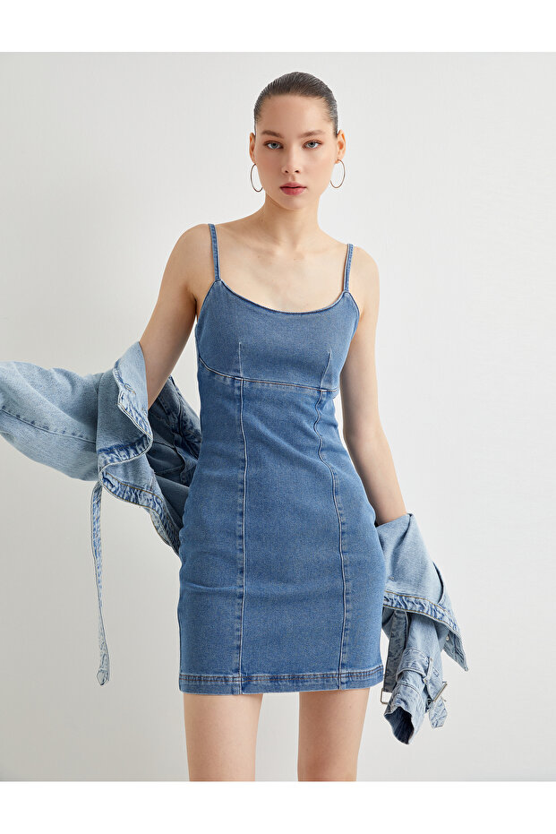 Strappy Mini Denim Dress Cotton Slim Fit U Neck
