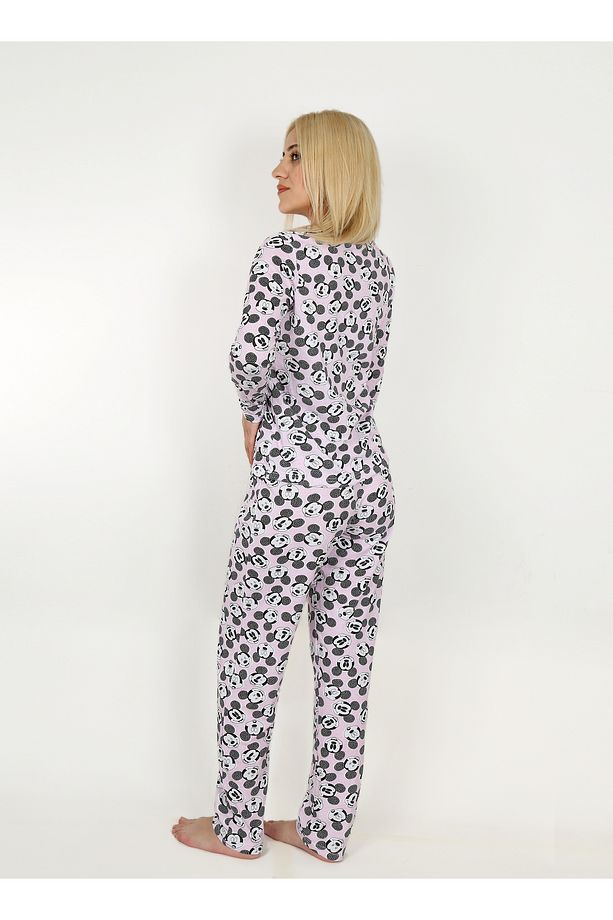 Mickey Mouse Karekter Desenli Pamuklu Pijama Takımı - Pembe Uzun Kollu Geniş Paça Bisiklet Yaka - 3