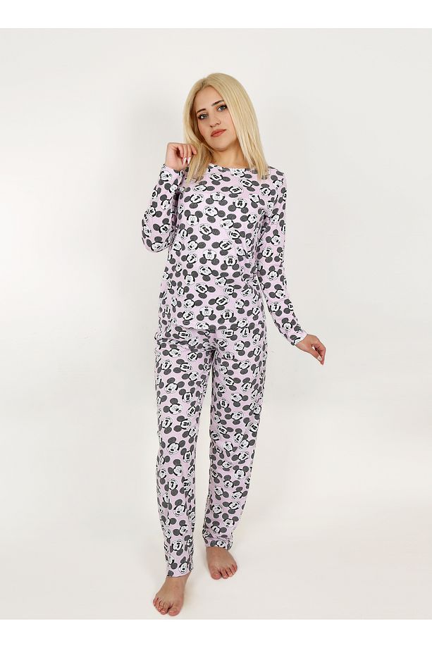 Mickey Mouse Karekter Desenli Pamuklu Pijama Takımı - Pembe Uzun Kollu Geniş Paça Bisiklet Yaka - 2