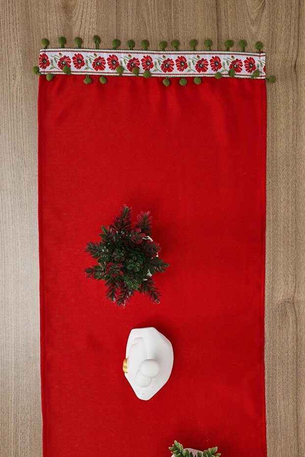 Patterned Stripe and Pompom Detailed Runner 90X30 Cm,R-88K,Red - Green with Pompoms - 5