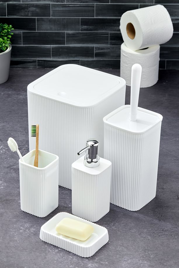 Line 5 Parça Kare Banyo Seti - Çöp Kovası WC Fırçası Sıvı-Katı Sabunluk Diş Fırçası - 1