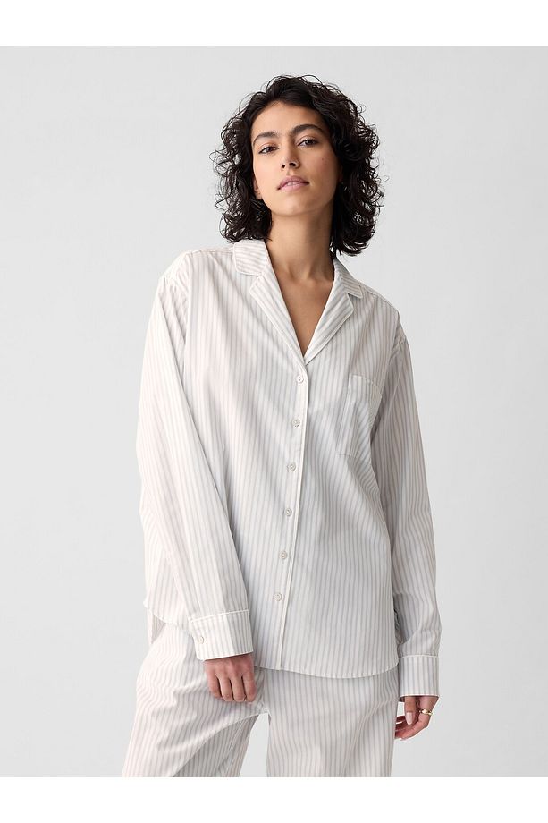 Kadın Gri Desenli Poplin Pijama Üstü - 1