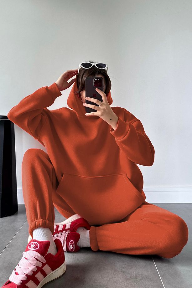 Kadın Kiremit Oversize Trend  Model Kanguru Cep Kapşonlu Sweatshirt Eşofman Takımı - 4