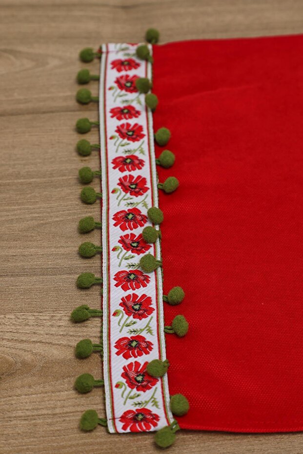 Patterned Stripe and Pompom Detailed Runner 90X30 Cm,R-88K,Red - Green with Pompoms - 3