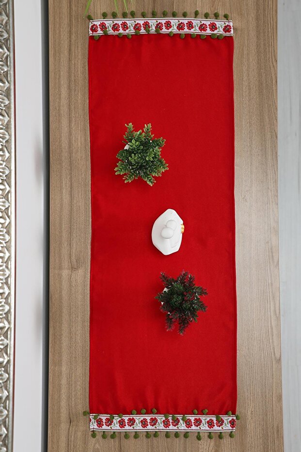 Patterned Stripe and Pompom Detailed Runner 90X30 Cm,R-88K,Red - Green with Pompoms - 6