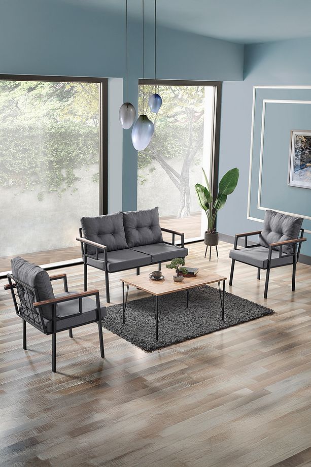 Saye Metal Bahçe Balkon Oturma Takımı 2+1+1+Orta Sehpa Antrasit - 1
